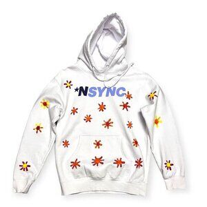 NSYNC Retro Boy Band Y2K White Hoodie Sweatshirt With Flowers Womens Medium